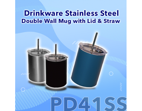 Drinkware Stainless Steel Double Wall Mug with Lid & Straw PD41SS